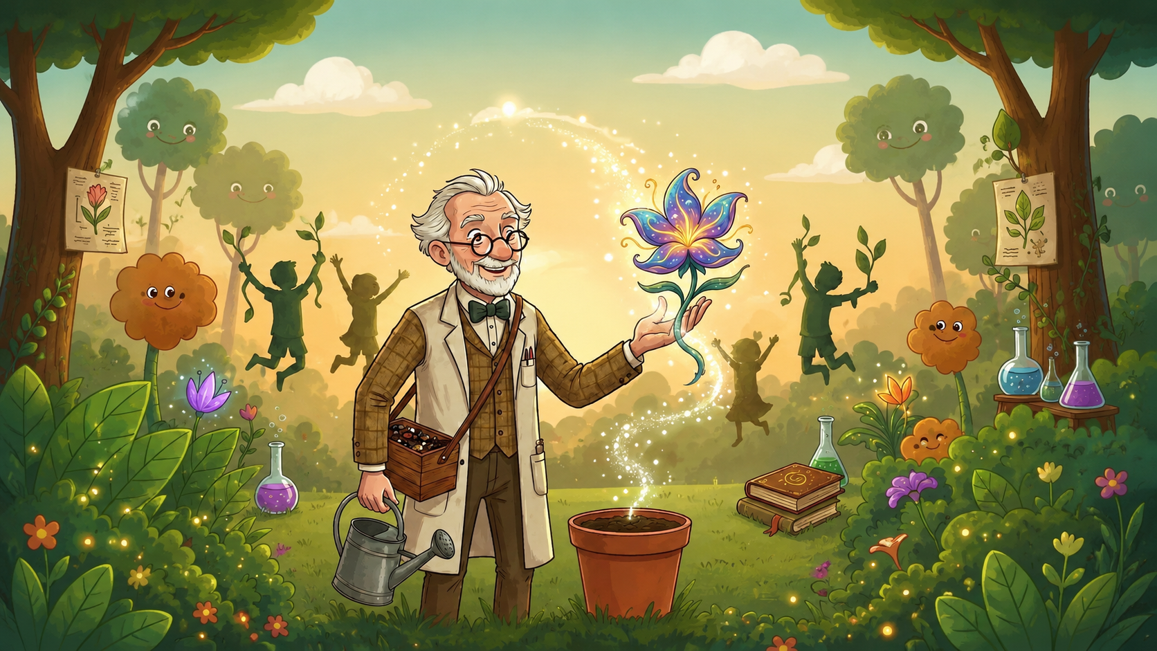 Professeur Grano dans une forêt lumineuse, tenant une fleur magique au-dessus d'un pot de terre.