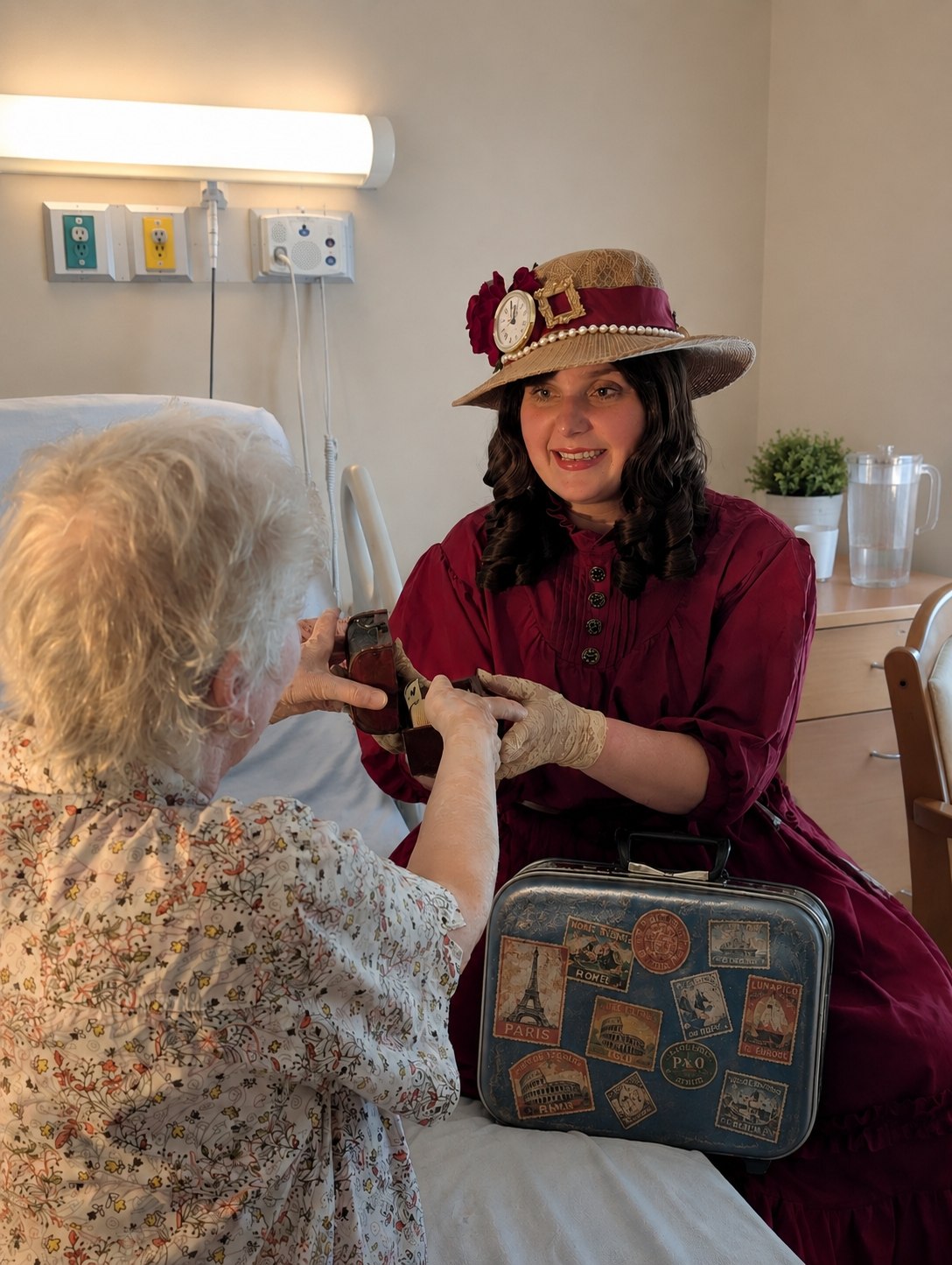 Mlle Rose-Souvenir en visite auprès d’une résidente