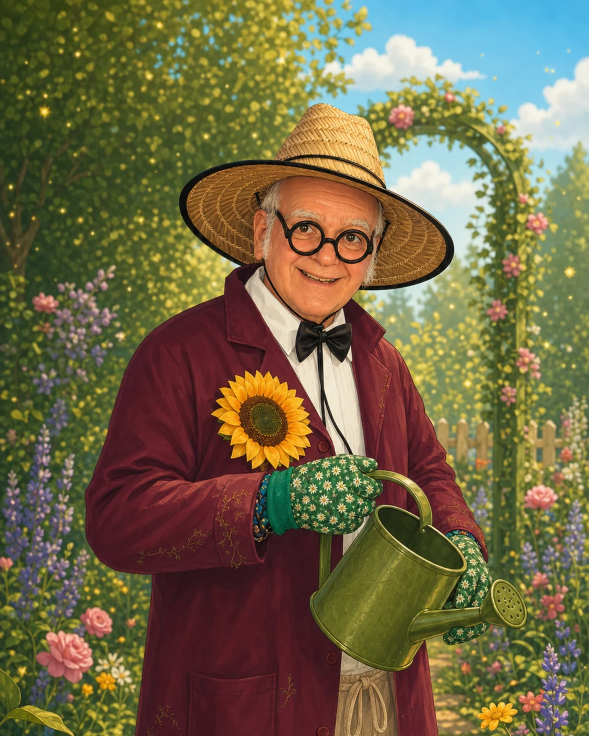Illustration de Professeur Grano avec son chapeau de paille, son tournesol et son arrosoir vert